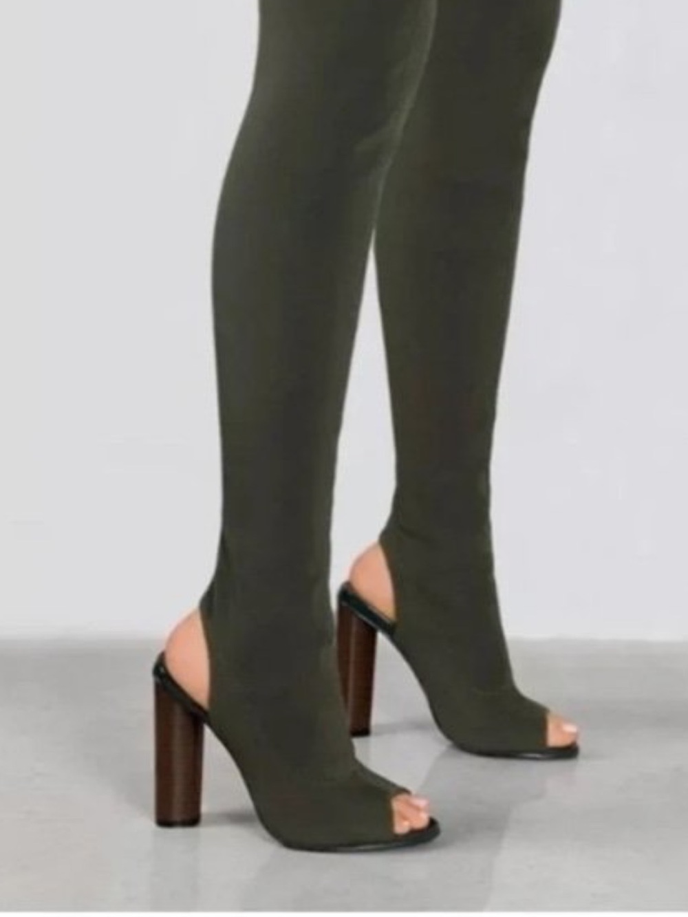 Yeezy season 2 SEASON 2‎ Olive Green Suede Peep Toe Thigh High Boots Block Heel